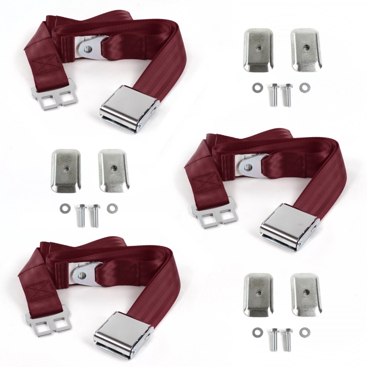 Ford 1941-1948 Airplane 2 Point Burgandy Lap Bench Seat Belt Kit with Bracketry - 3 Belts