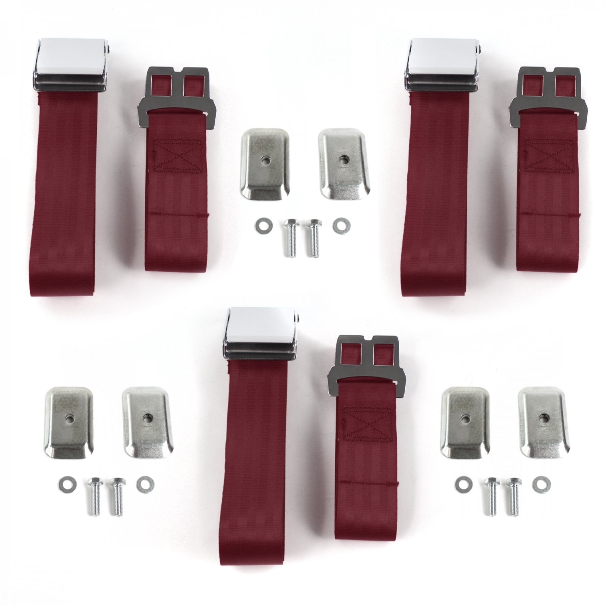 Chevy Nova 1968-1974 Airplane 2 Point Burgandy Lap Bench Seat Belt Kit with Bracketry - 3 Belts