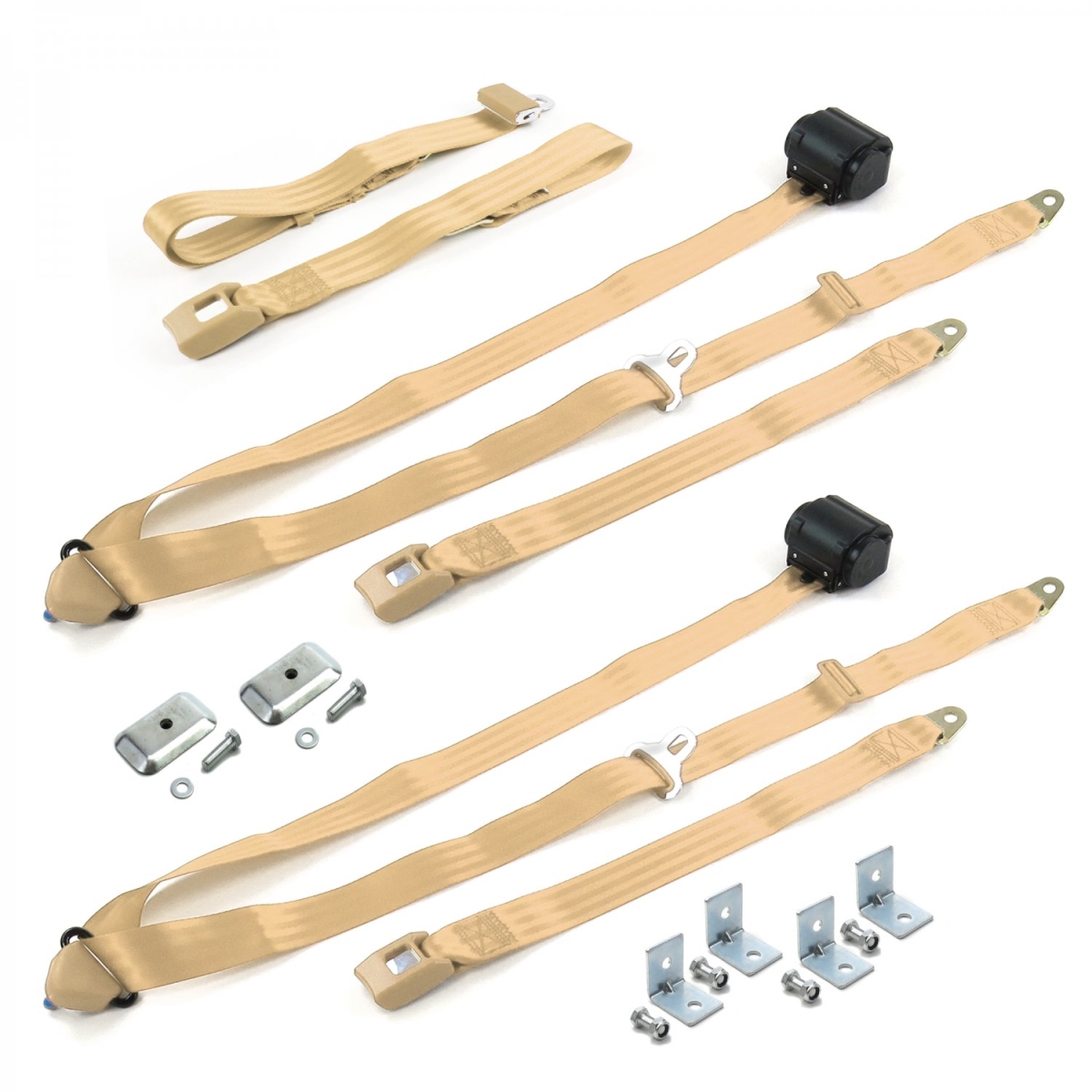 Chevy Corvair 1960-1969 Standard 3 Point Tan Retractable Bench Seat Belt Kit with Bracketry - 3 Belts