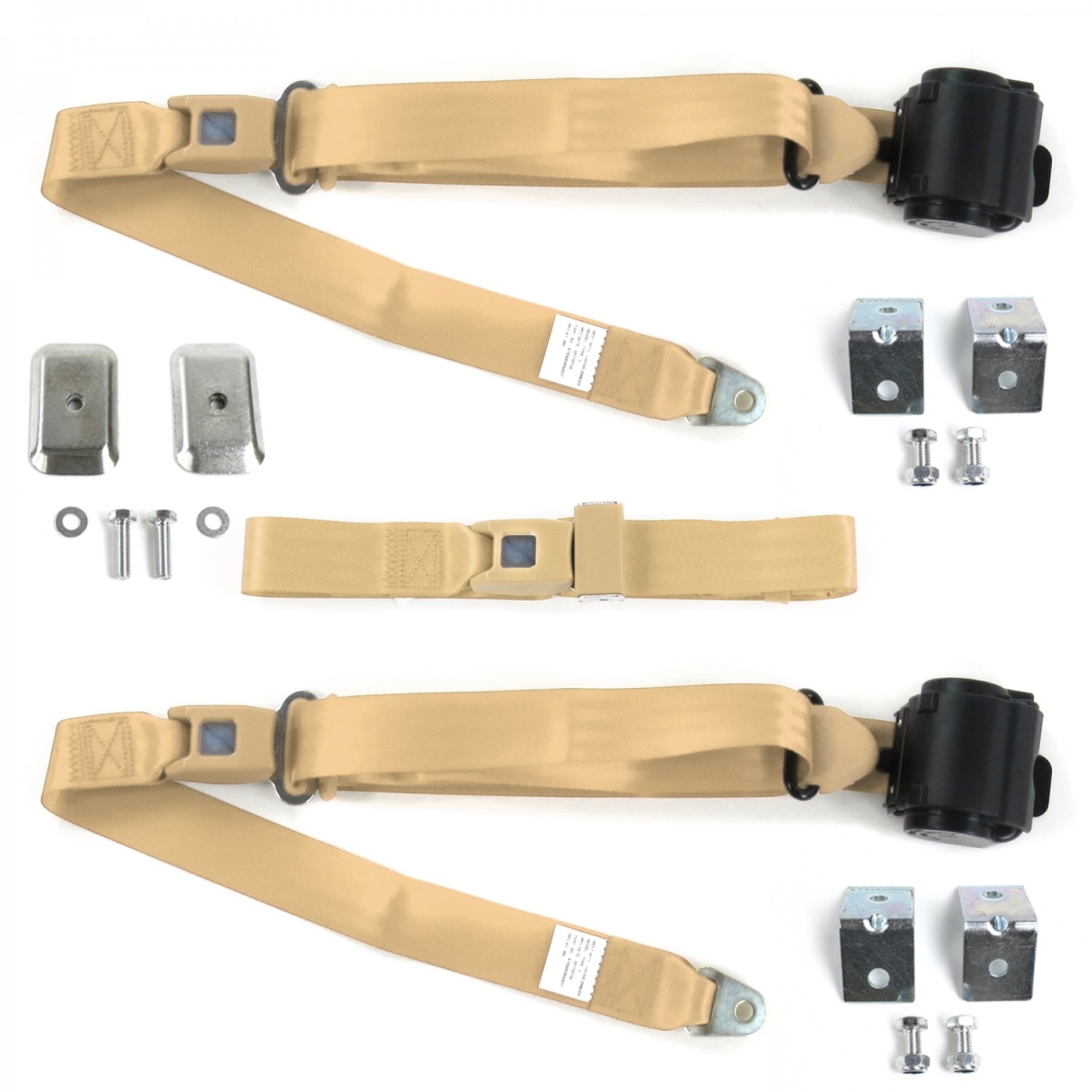 Jeep Jeepster 1966-1973 Standard 3 Point Tan Retractable Bench Seat Belt Kit with Bracketry - 3 Belts