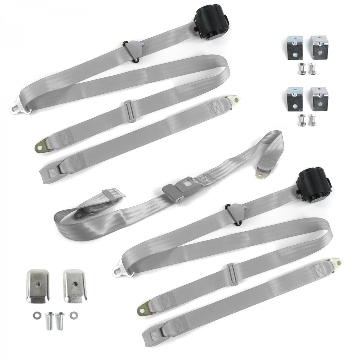 Jeep Comanche 1985-1992 Standard 3 Point Gray & Grey Retractable Bench Seat Belt Kit with Bracketry - 3 Belts