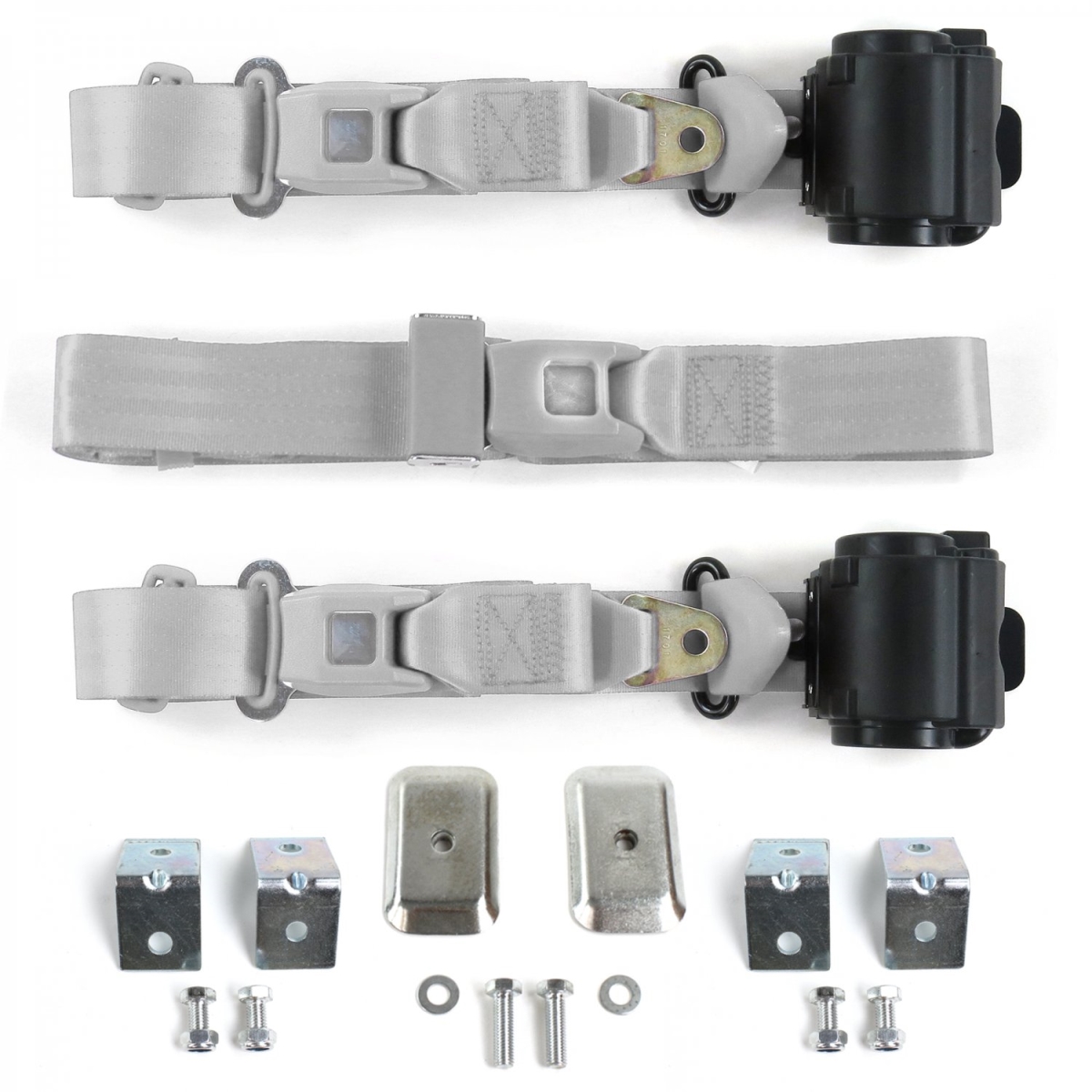 AMC Eagle 1979-1987 Standard 3 Point Gray & Grey Retractable Bench Seat Belt Kit with Bracketry - 3 Belts