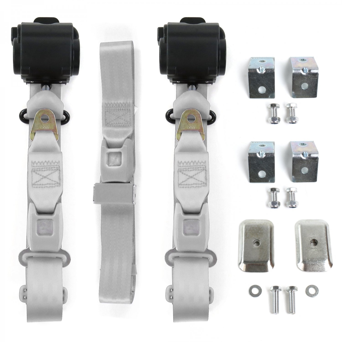 VW Type 2 Split 1949-1967 Standard 3 Point Gray & Grey Retractable Bench Seat Belt Kit with Bracketry - 3 Belts