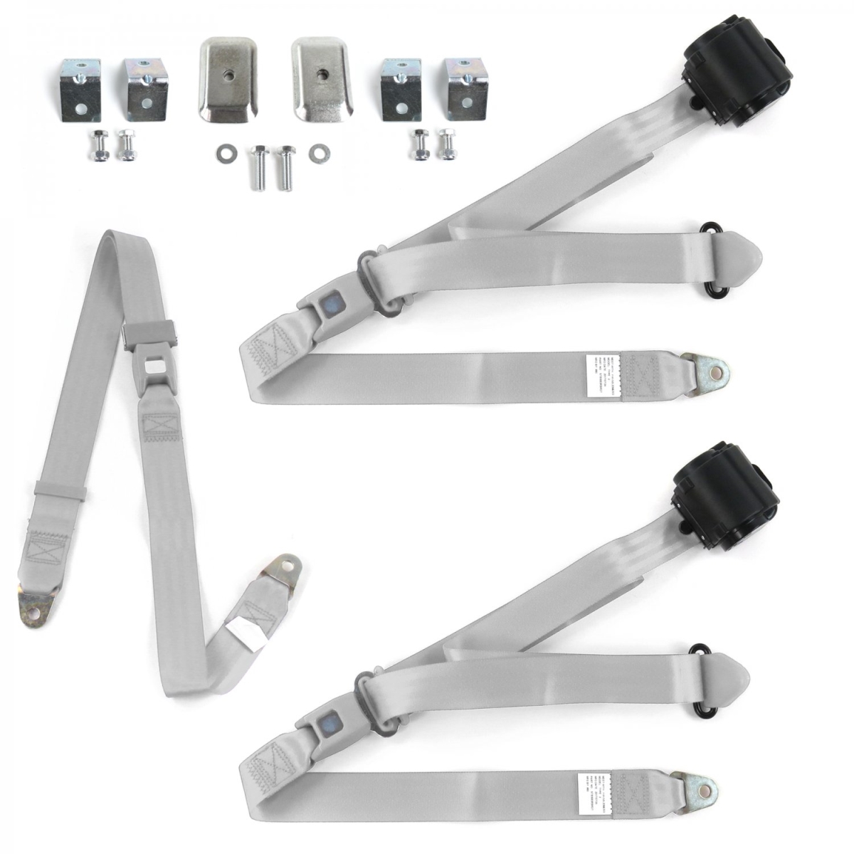 VW Type 1 1968-1983 Standard 3 Point Gray & Grey Retractable Bench Seat Belt Kit with Bracketry - 3 Belts
