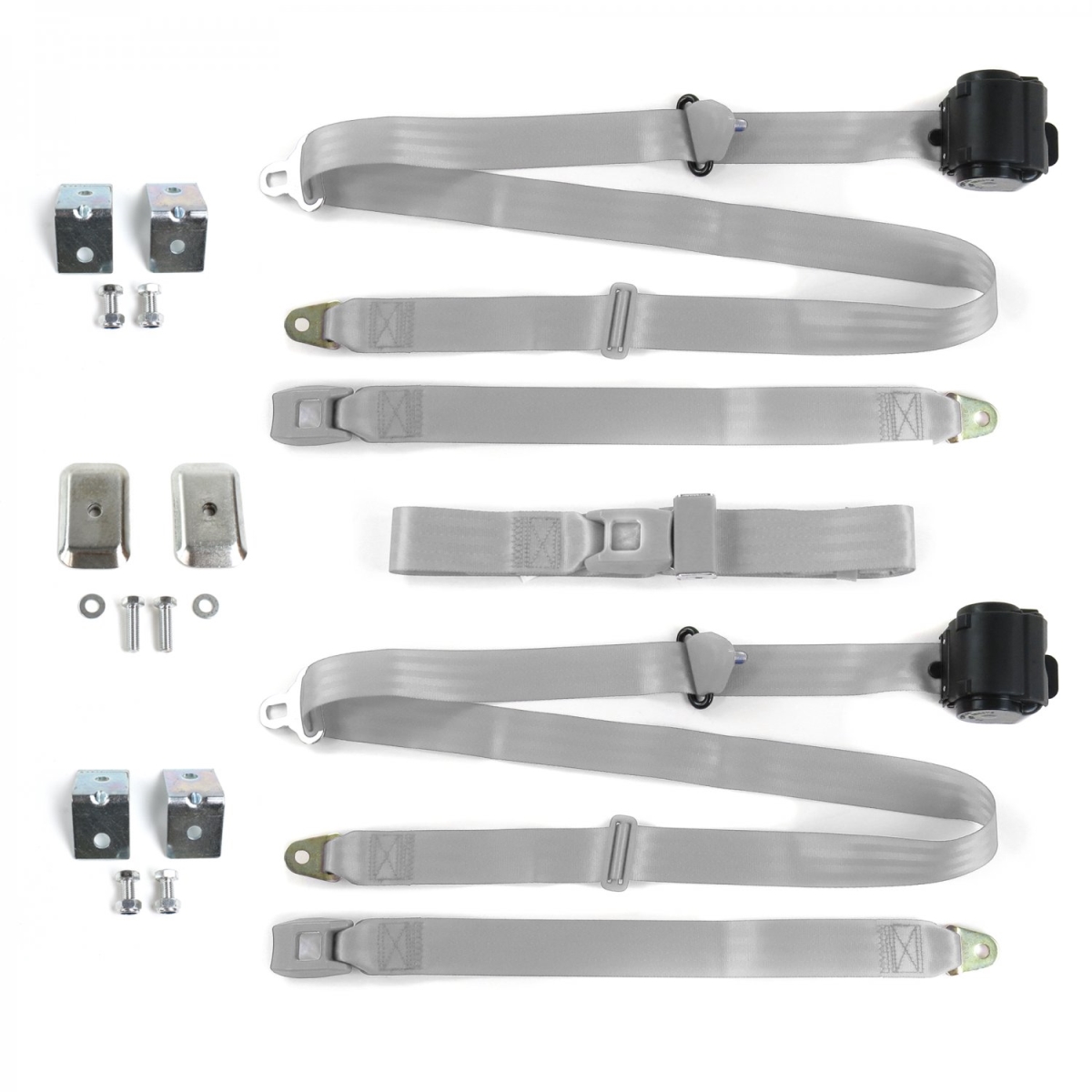 VW Type 3 Squareback Standard 3 Point Gray & Grey Retractable Bench Seat Belt Kit with Bracketry - 3 Belts