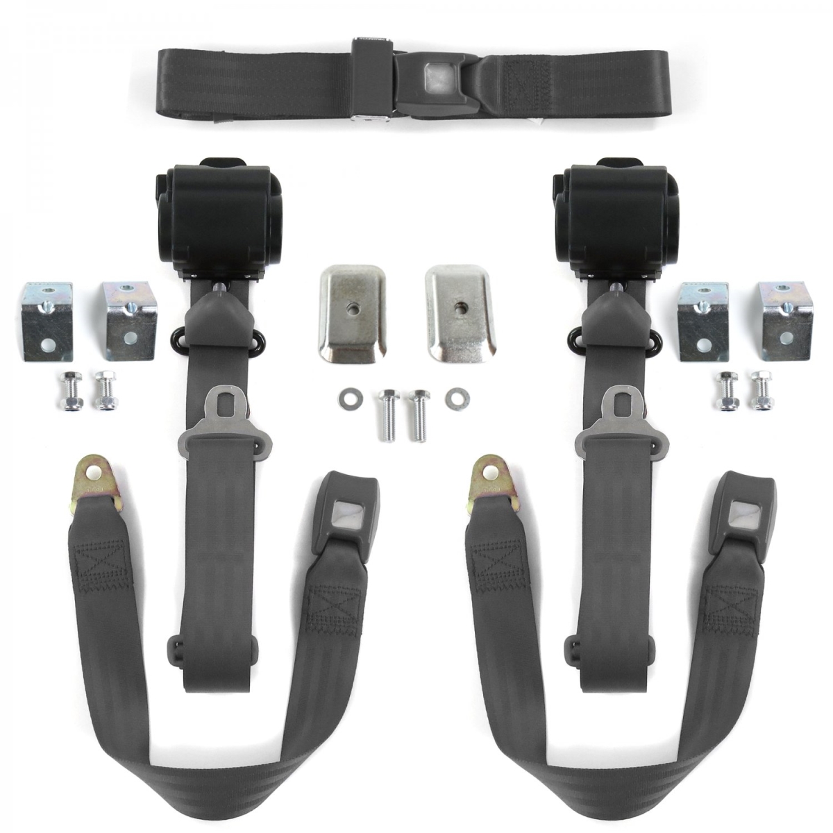 VW Karmann Ghia Standard 3 Point Charcoal Retractable Bench Seat Belt Kit with Bracketry - 3 Belts