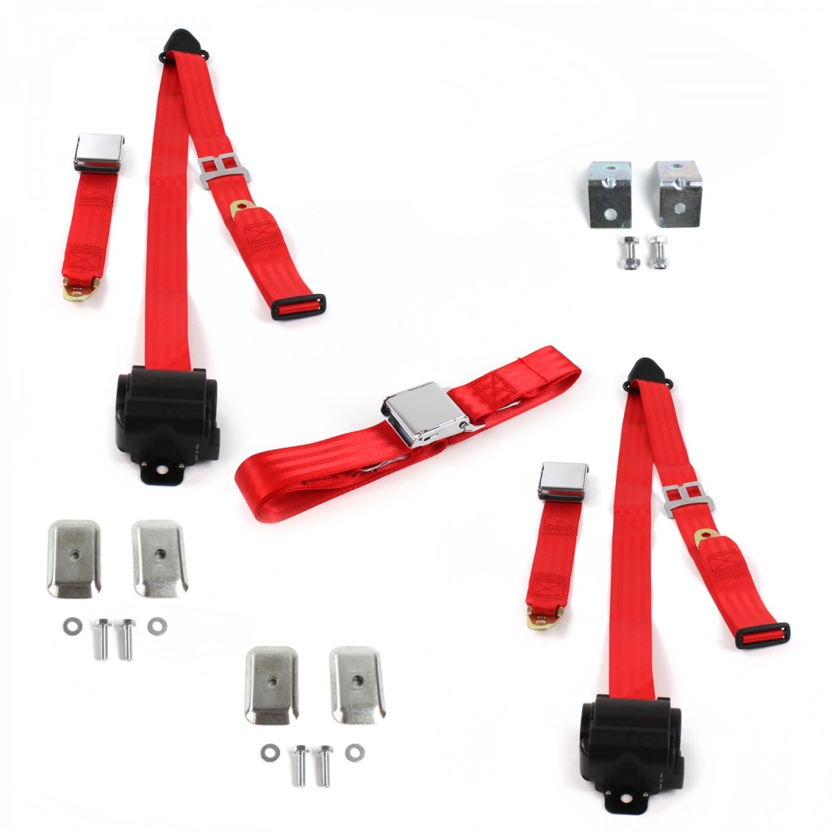 AMC Eagle 1979-1987 Airplane 3 Point Red Retractable Bench Seat Belt Kit with Bracketry - 3 Belts