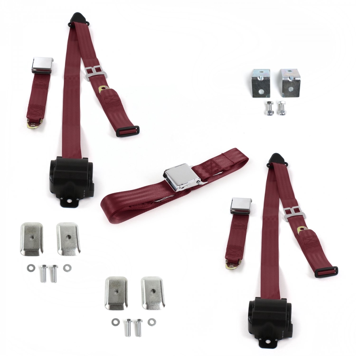 Jeep Gladiator 1962-1988 Airplane 3 Point Burgandy Retractable Bench Seat Belt Kit with Bracketry - 3 Belts