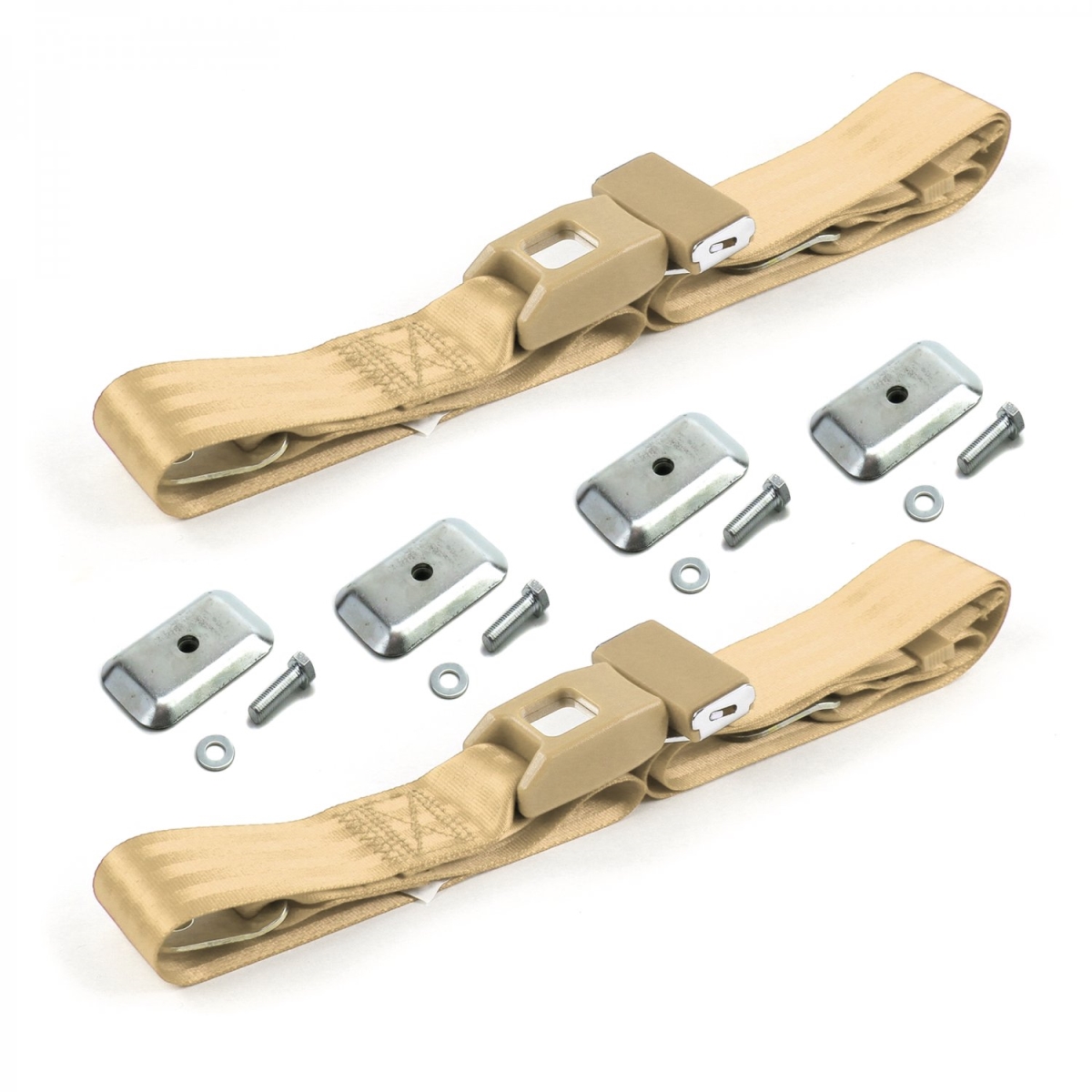 VW Type 1 1968-1983 Standard 2 Point Tan Lap Bucket Seat Belt Kit with Bracketry - 2 Belts