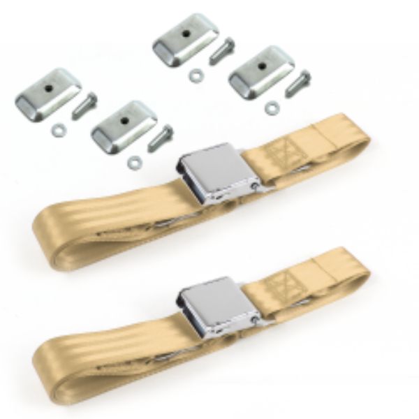 Ford 1952-1954 Airplane 2 Point Tan Lap Bucket Seat Belt Kit with Bracketry - 2 Belts