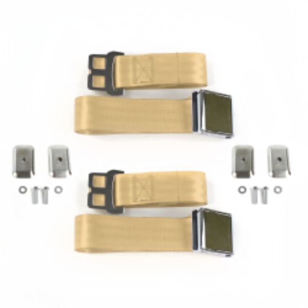 Ford Bronco 1966-1977 Airplane 2 Point Tan Lap Bucket Seat Belt Kit with Bracketry - 2 Belts