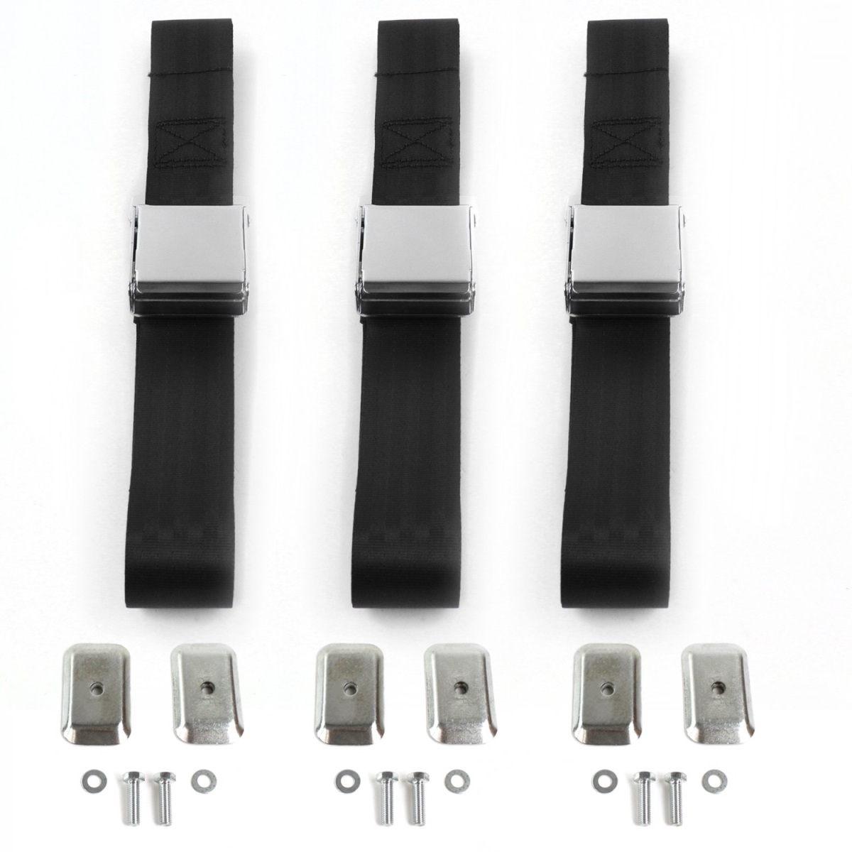 Chevy Cavalier 1982-1994 Airplane 2 Point Black Lap Bench Seat Belt Kit with Bracketry - 3 Belts