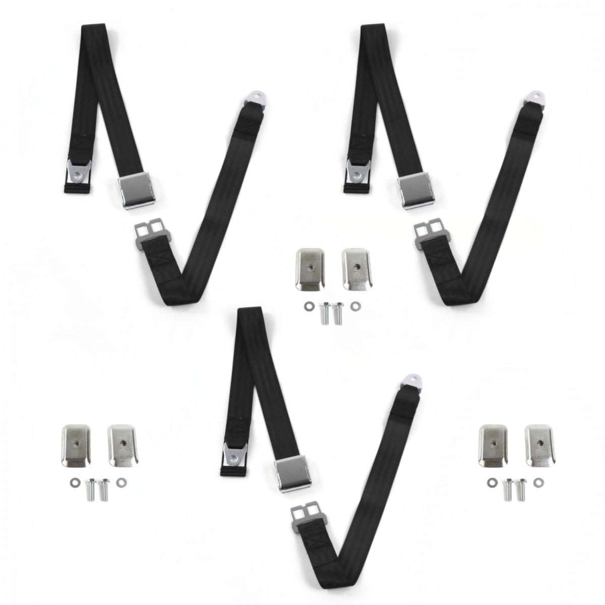 Chevy Impala 1971-1976 Airplane 2 Point Black Lap Bench Seat Belt Kit with Bracketry - 3 Belts