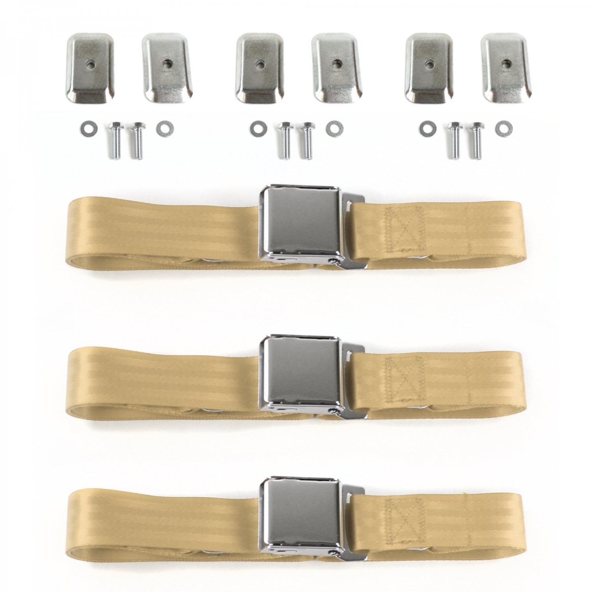 Camaro 1982-1992 Airplane 2 Point Tan Lap Bench Seat Belt Kit with Bracketry - 3 Belts
