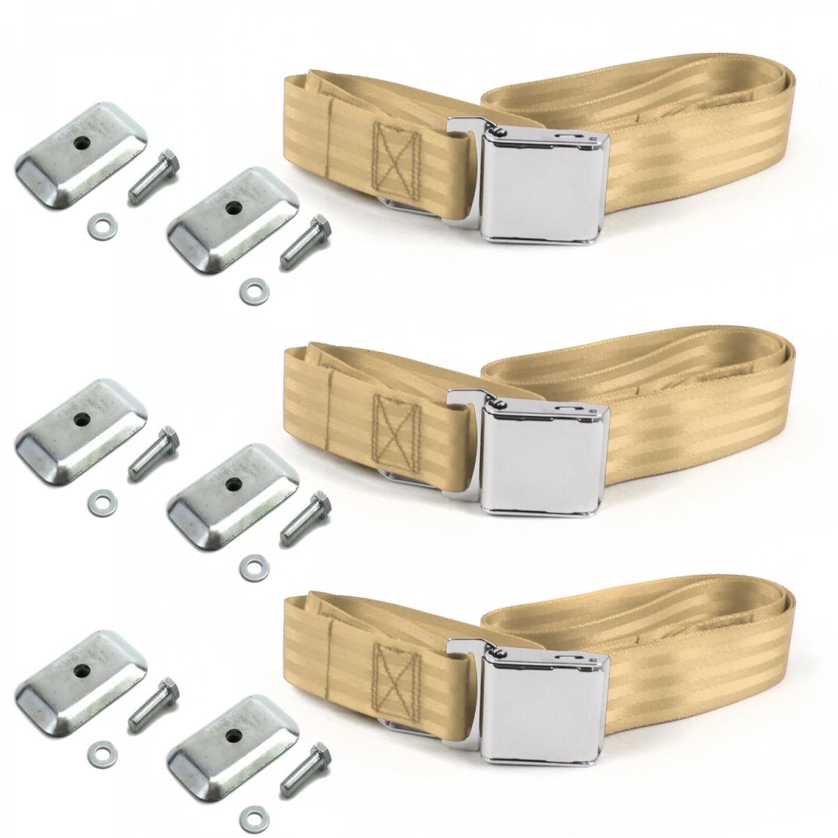VW Type 1 Oval 1953-1957 Airplane 2 Point Tan Lap Bench Seat Belt Kit with Bracketry - 3 Belts