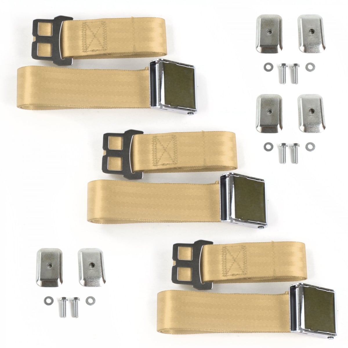 Chevy Chevelle 1968-1972 Airplane 2 Point Tan Lap Bench Seat Belt Kit with Bracketry - 3 Belts