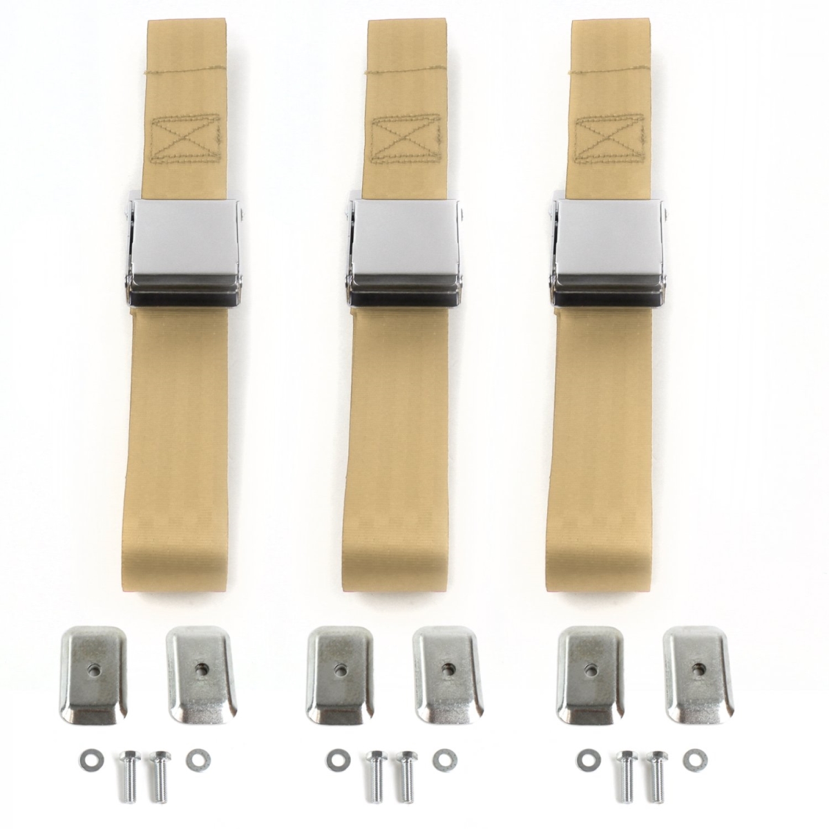 Ford Thunderbird 1958-1960 Airplane 2 Point Tan Lap Bench Seat Belt Kit with Bracketry - 3 Belts