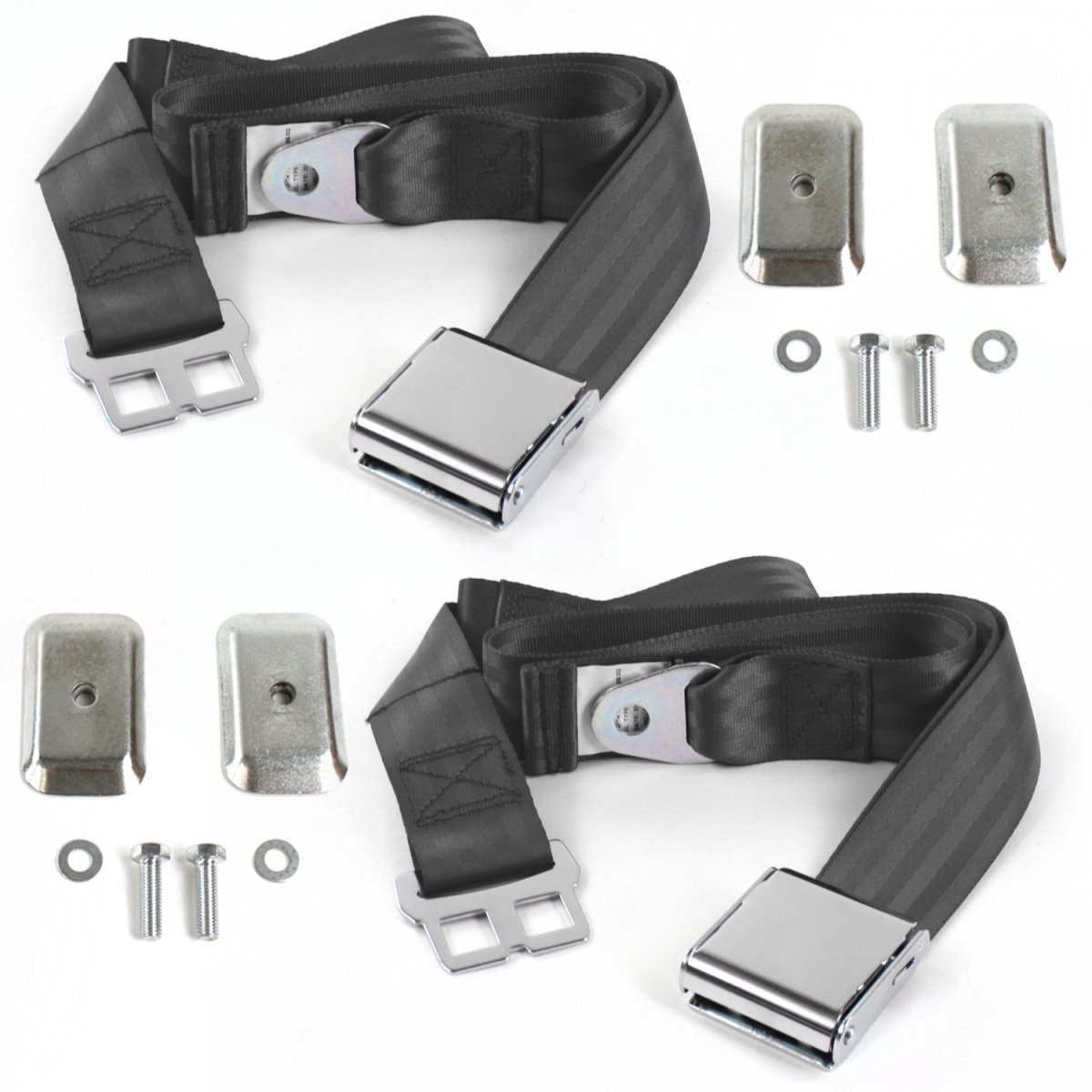 VW Type 1 Oval 1953-1957 Airplane 2 Point Charcoal Lap Bench Seat Belt Kit with Bracketry - 3 Belts