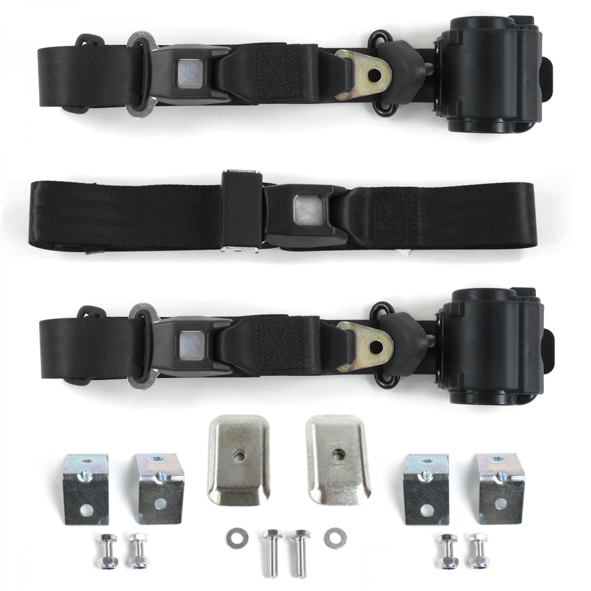 AMC Gremlin 1970-1979 Standard 3 Point Black Retractable Bench Seat Belt Kit with Bracketry - 3 Belts