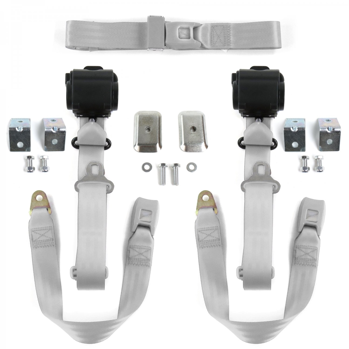 VW Type 1 Oval 1953-1957 Standard 3 Point Gray & Grey Retractable Bench Seat Belt Kit with Bracketry - 3 Belts