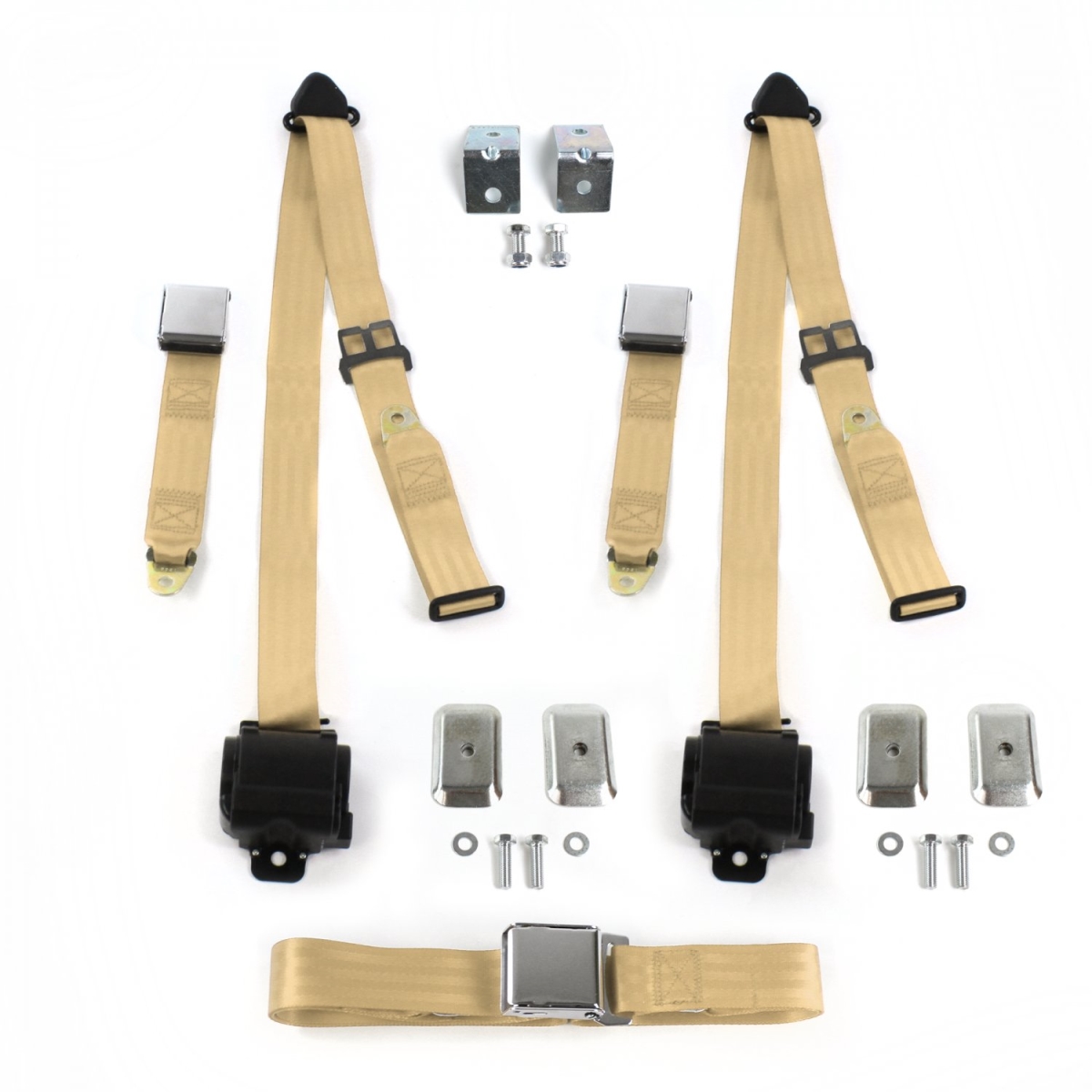 VW Type 1 Split 1947-1952 Airplane 3 Point Tan Retractable Bench Seat Belt Kit with Bracketry - 3 Belts