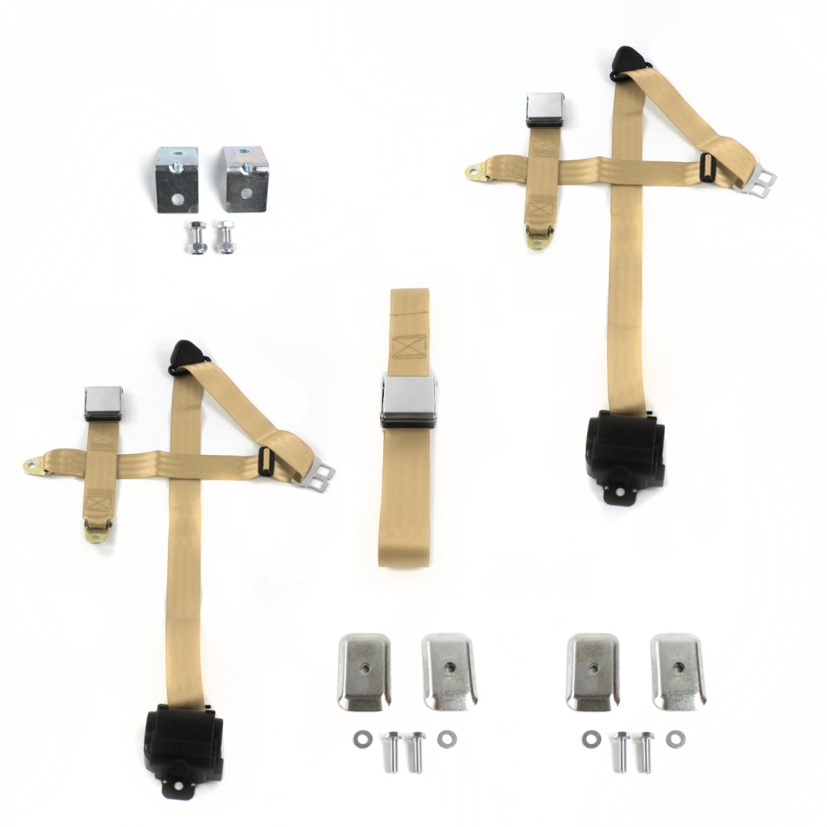 Ford Thunderbird 1967-1976 Airplane 3 Point Tan Retractable Bench Seat Belt Kit with Bracketry - 3 Belts