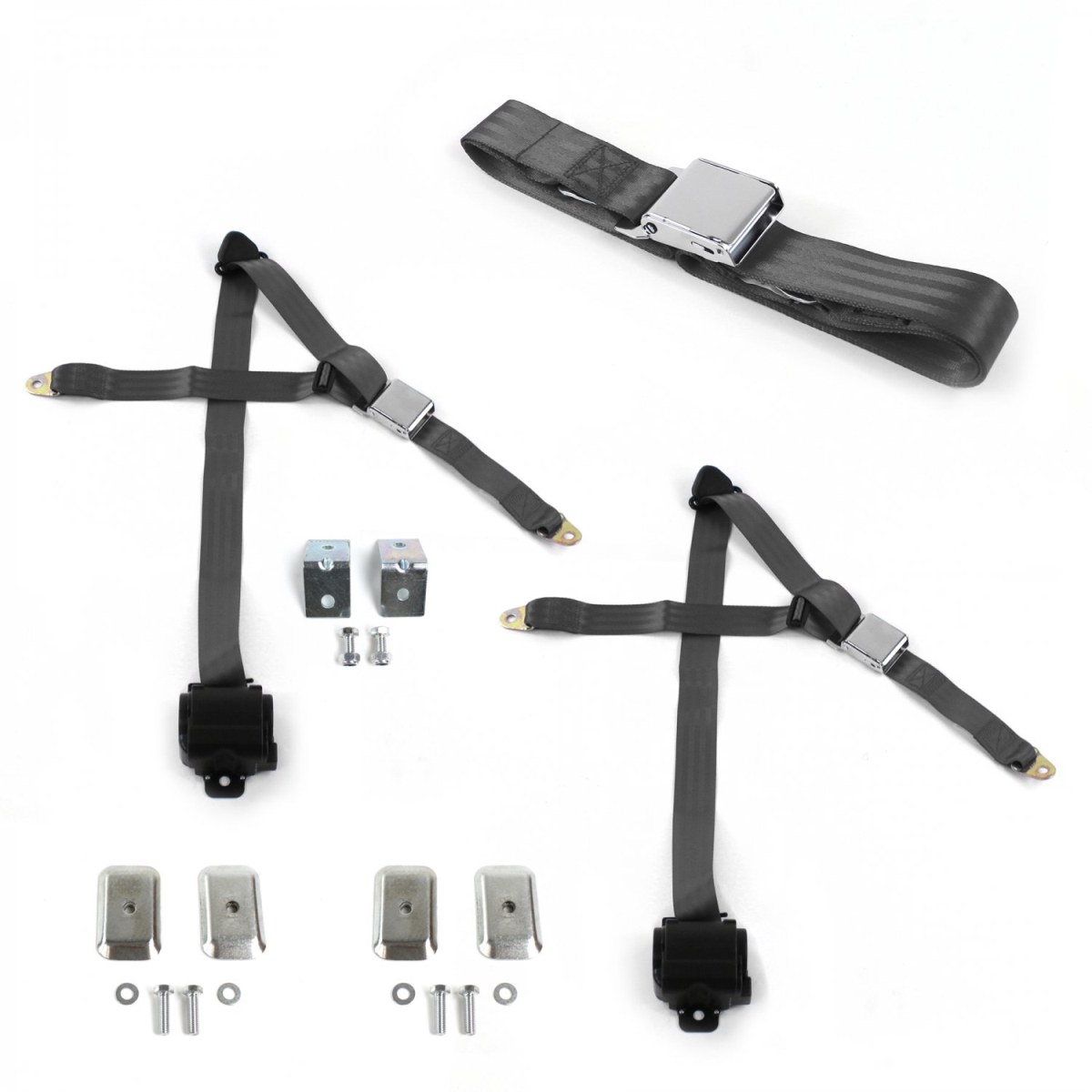 Jeep Gladiator 1962-1988 Airplane 3 Point Charcoal Retractable Bench Seat Belt Kit with Bracketry - 3 Belts