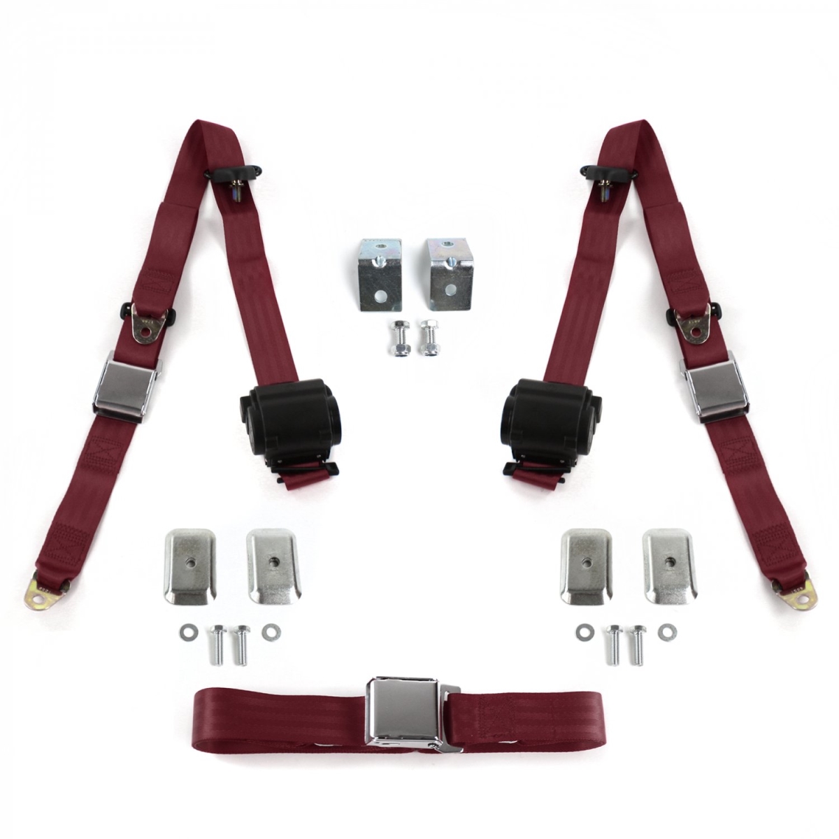 Ford Van 1961-1967 Airplane 3 Point Burgandy Retractable Bench Seat Belt Kit with Bracketry - 3 Belts