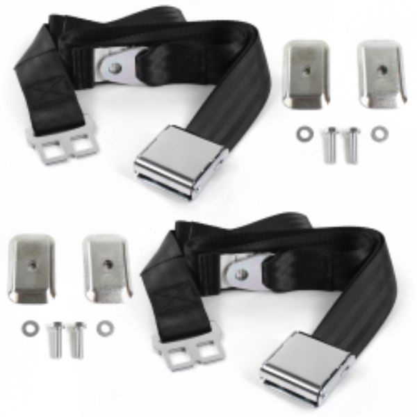 Chevy II 1966-1967 Airplane 2 Point Black Lap Bucket Seat Belt Kit with Bracketry - 2 Belts