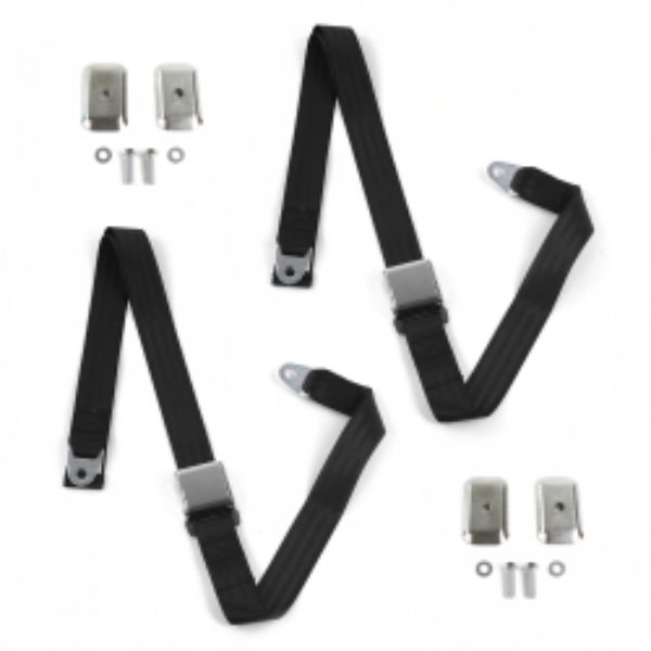 Chevy Impala 1958 Airplane 2 Point Black Lap Bucket Seat Belt Kit with Bracketry - 2 Belts