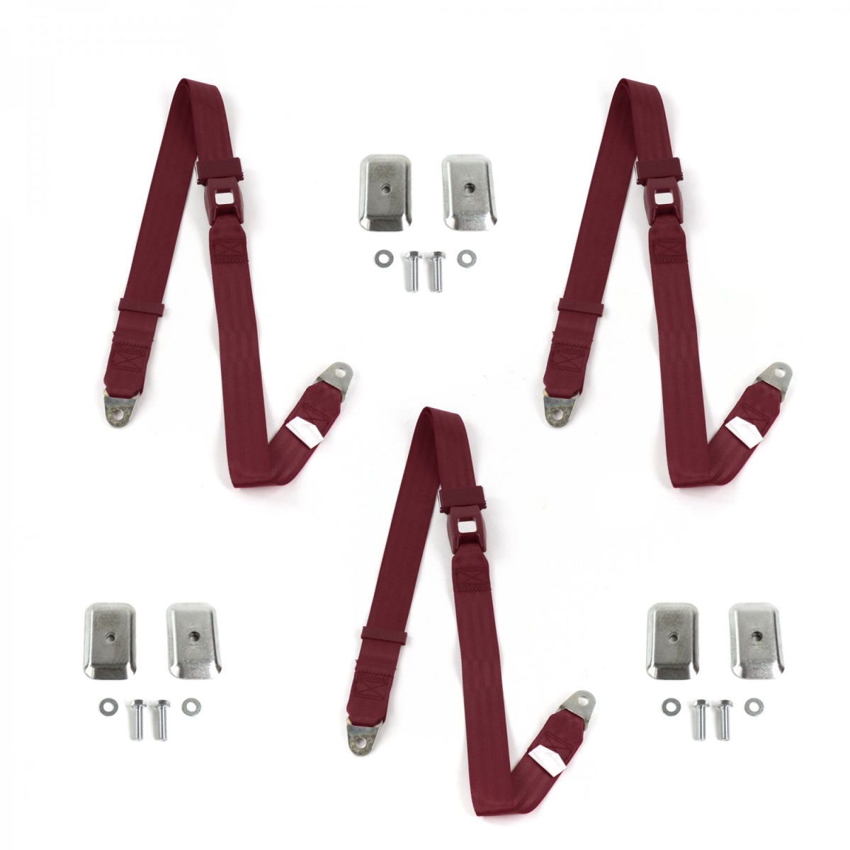 Buick Roadmaster 1957-1958 Standard 2 Point Burgandy Lap Bench Seat Belt Kit with Bracketry - 3 Belts