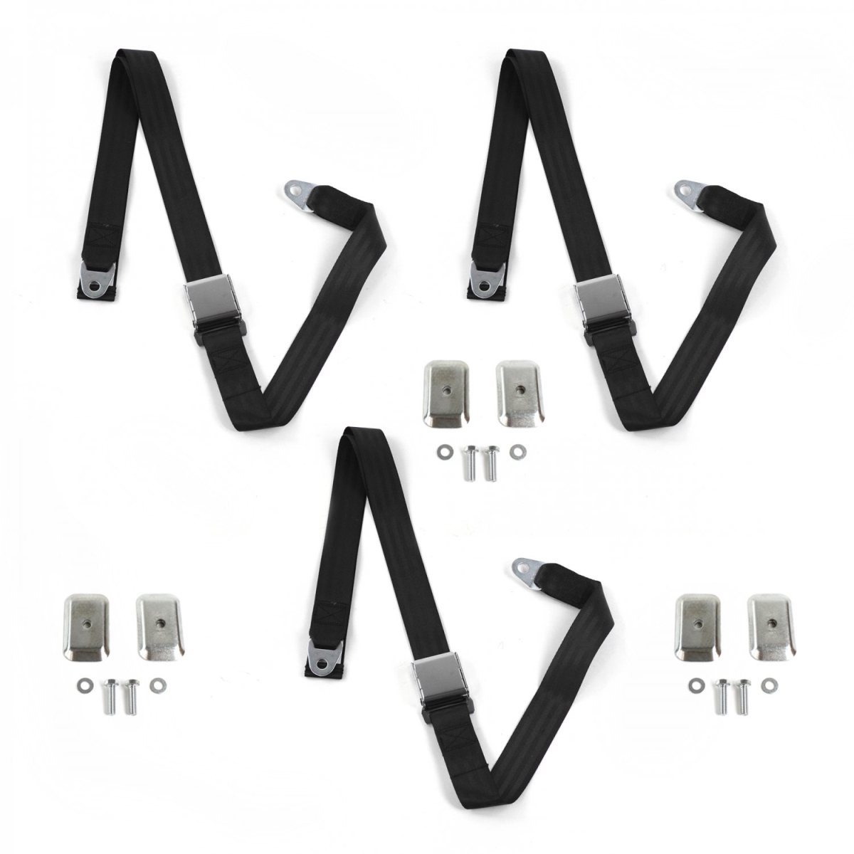 Ford 1932 Model B Airplane 2 Point Black Lap Bench Seat Belt Kit with Bracketry - 3 Belts
