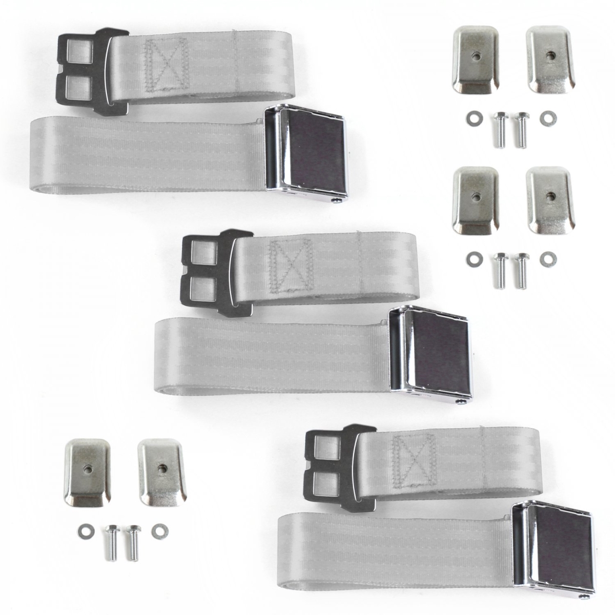 Ford 1935-1940 Airplane 2 Point Gray & Grey Lap Bench Seat Belt Kit with Bracketry - 3 Belts