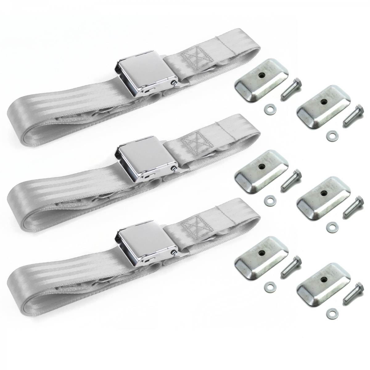 Nash Ambassador 1933-1957 Airplane 2 Point Gray & Grey Lap Bench Seat Belt Kit with Bracketry - 3 Belts