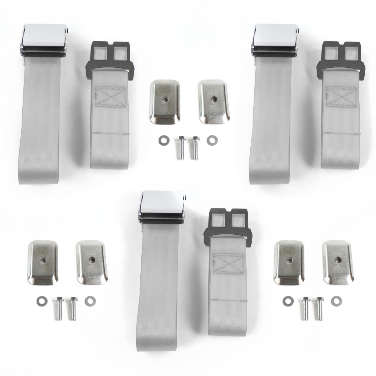Chevy FS Blazer 1973-1991 Airplane 2 Point Gray & Grey Lap Bench Seat Belt Kit with Bracketry - 3 Belts