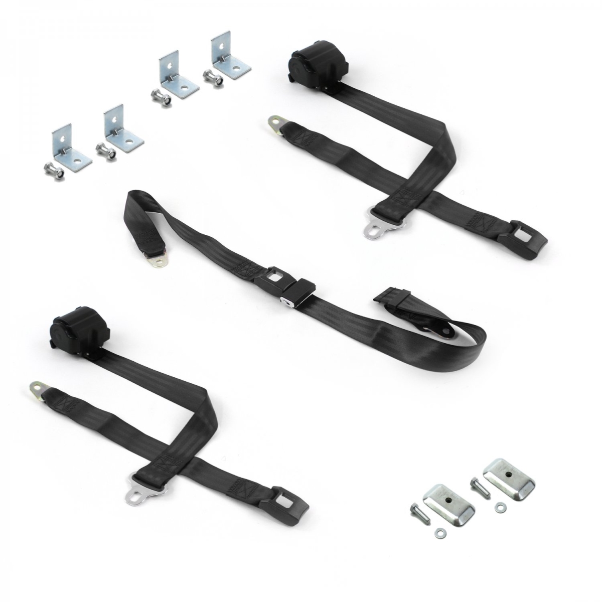 Chevy II 1966-1967 Standard 2 Point Black Retractable Bench Seat Belt Kit with Bracketry - 3 Belts