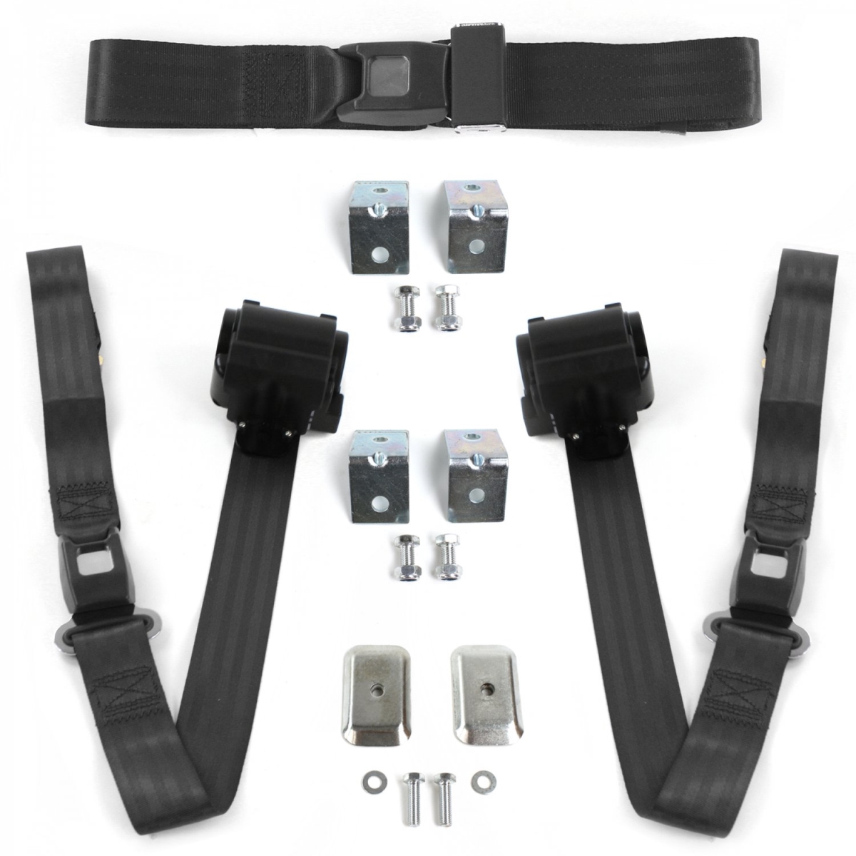 Ford 1955-1956 Standard 2 Point Black Retractable Bench Seat Belt Kit with Bracketry - 3 Belts