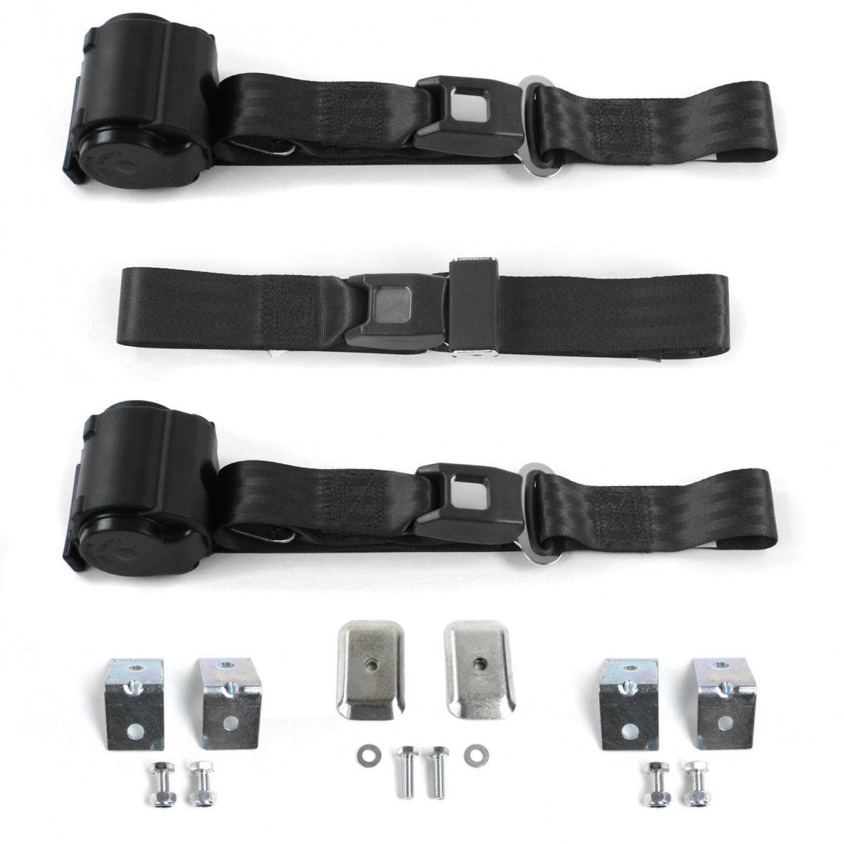 Ford Falcon 1964-1965 Standard 2 Point Black Retractable Bench Seat Belt Kit with Bracketry - 3 Belts