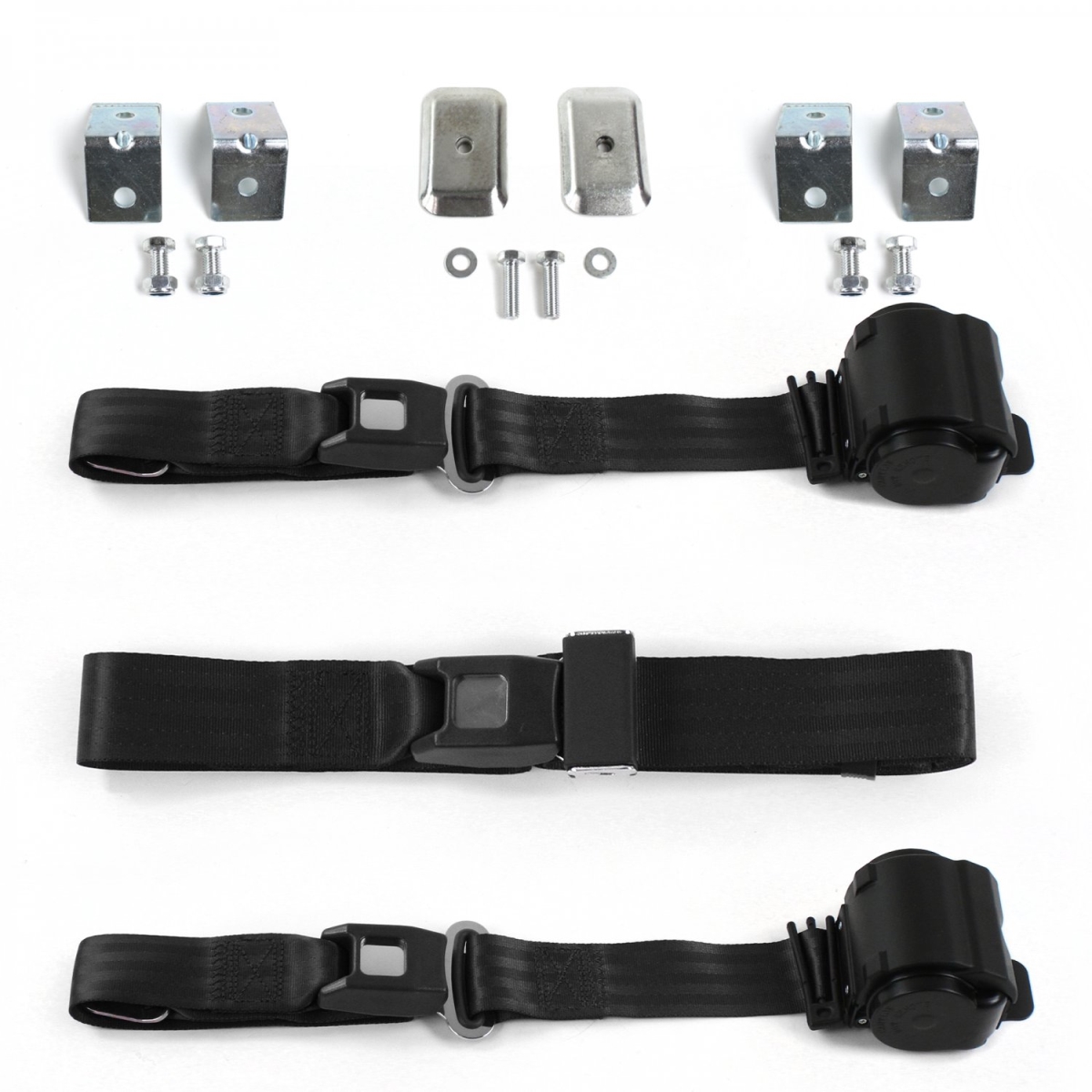 680112 Chevy FS Blazer 1973-1991 Standard 2 Point Black Retractable Bench Seat Belt Kit with Bracketry - 3 Belts