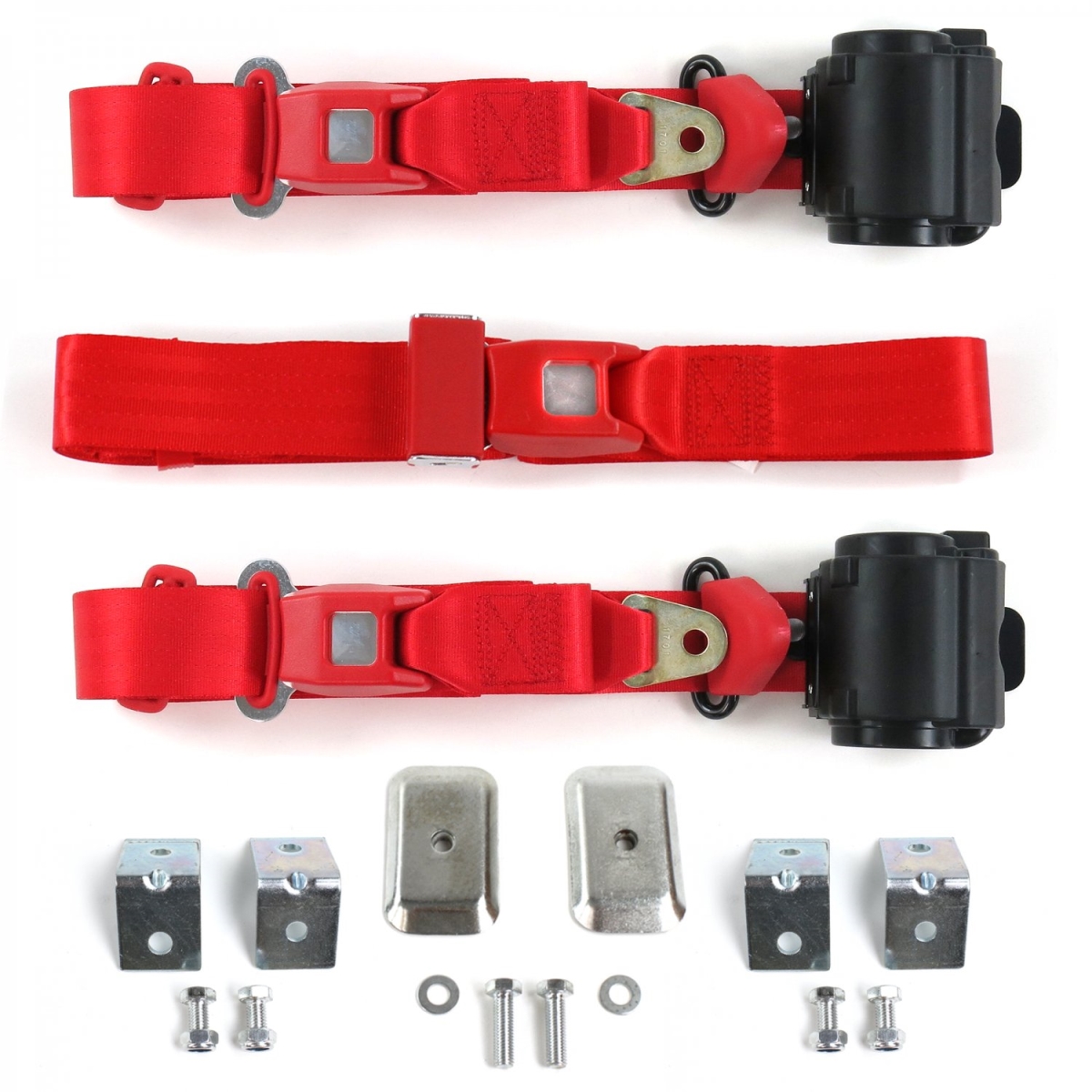 Chevy II 1966-1967 Standard 3 Point Red Retractable Bench Seat Belt Kit with Bracketry - 3 Belts