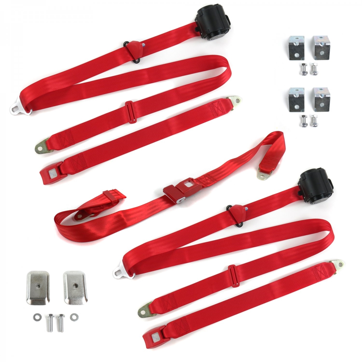 Ford Thunderbird 1980-1982 Standard 3 Point Red Retractable Bench Seat Belt Kit with Bracketry - 3 Belts