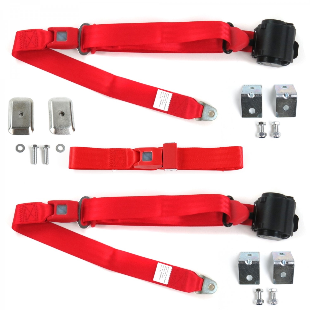 Jeep Commando 1966-1973 Standard 3 Point Red Retractable Bench Seat Belt Kit with Bracketry - 3 Belts