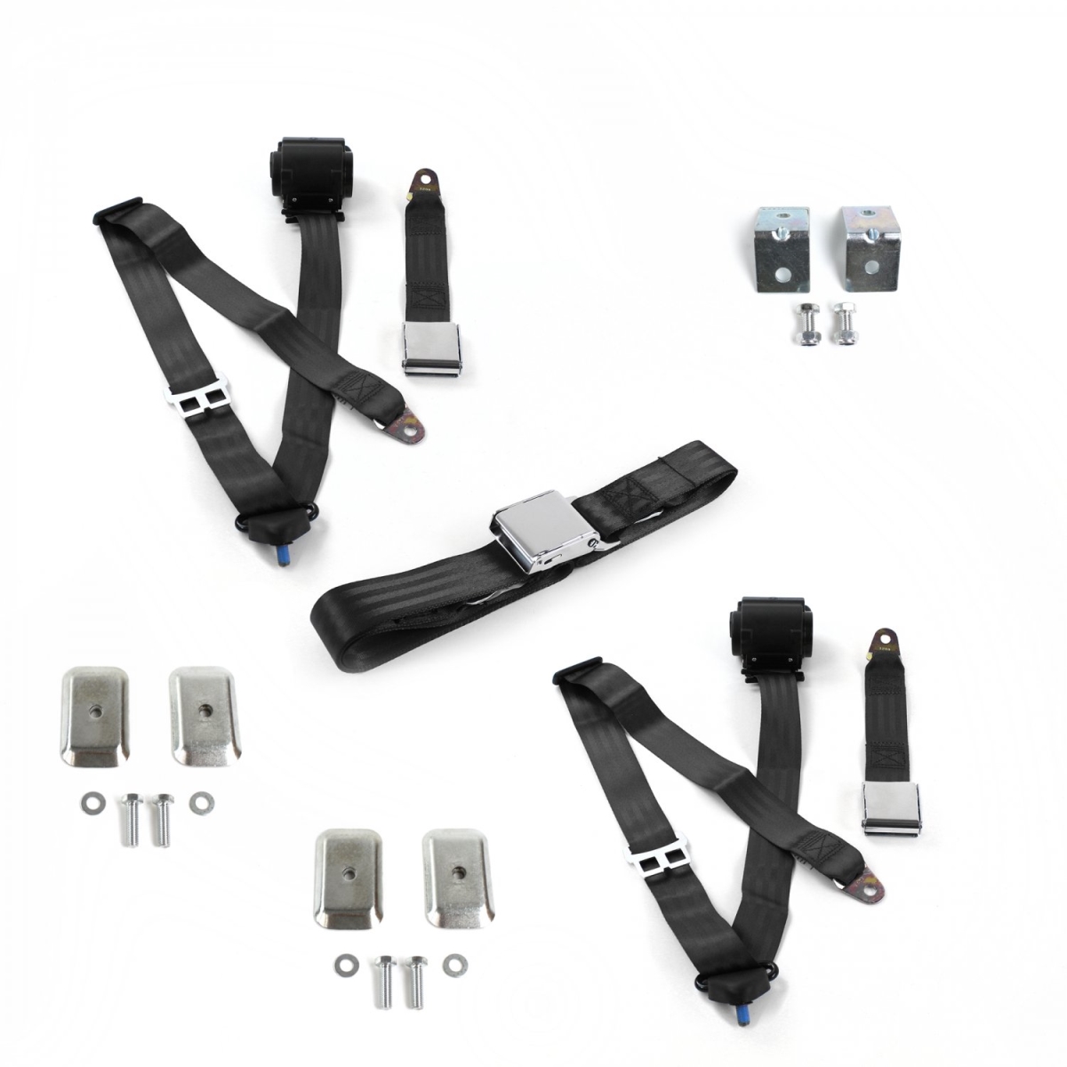 685077 Ford Mustang 1971-1973 Airplane 3 Point Black Retractable Bench Seat Belt Kit with Bracketry - 3 Belts