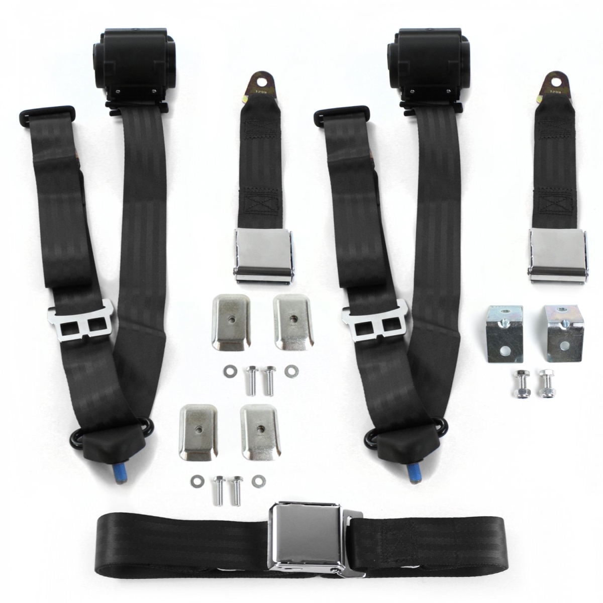 VW Type 3 Squareback Airplane 3 Point Black Retractable Bench Seat Belt Kit with Bracketry - 3 Belts