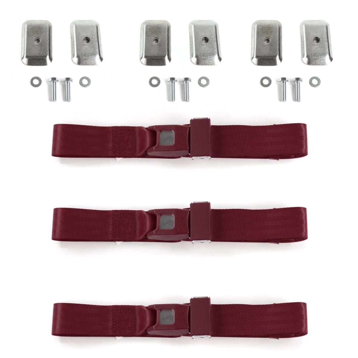 Ford 1957-1959 Standard 2 Point Burgandy Lap Bench Seat Belt Kit with Bracketry - 3 Belts