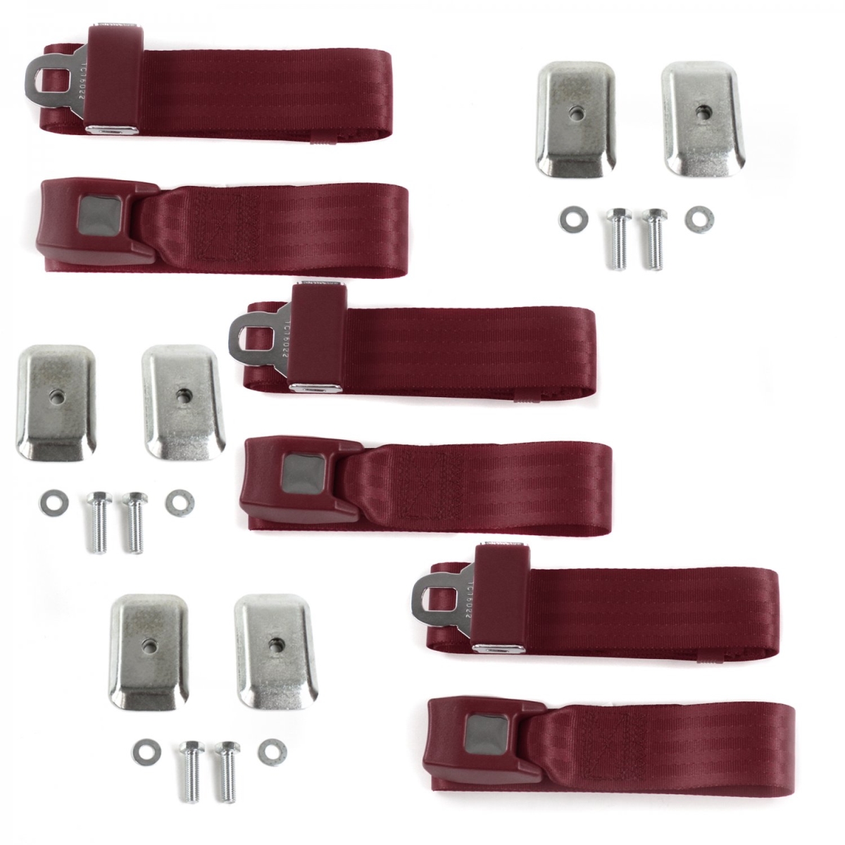 Ford Thunderbird 1961-1966 Standard 2 Point Burgandy Lap Bench Seat Belt Kit with Bracketry - 3 Belts