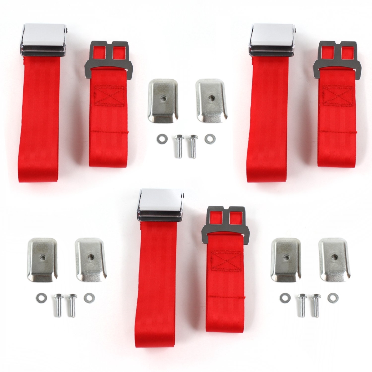 Ford Thunderbird 1977-1979 Airplane 2 Point Red Lap Bench Seat Belt Kit with Bracketry - 3 Belts