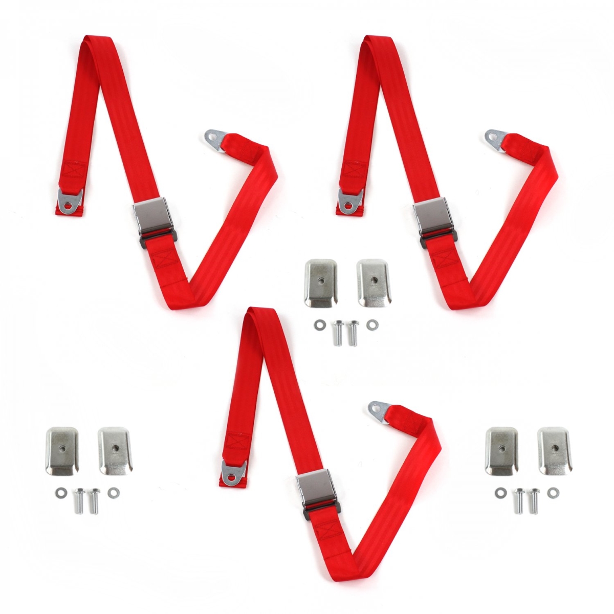 Jeep Cherokee 1984-2001 Airplane 2 Point Red Lap Bench Seat Belt Kit with Bracketry - 3 Belts