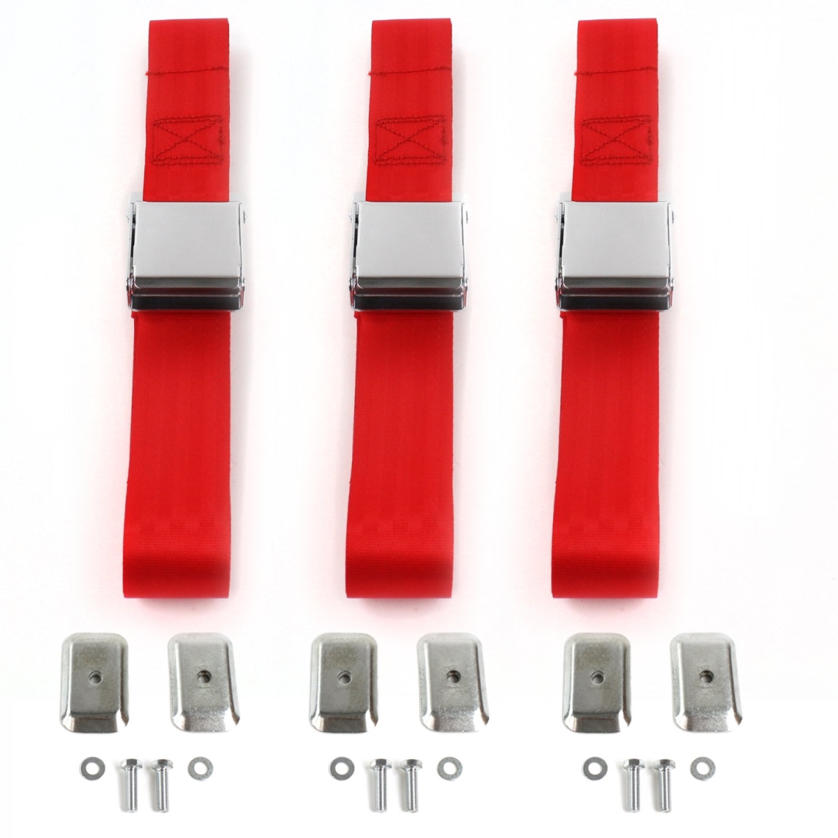 AMC Hornet 1970-1977 Airplane 2 Point Red Lap Bench Seat Belt Kit with Bracketry - 3 Belts