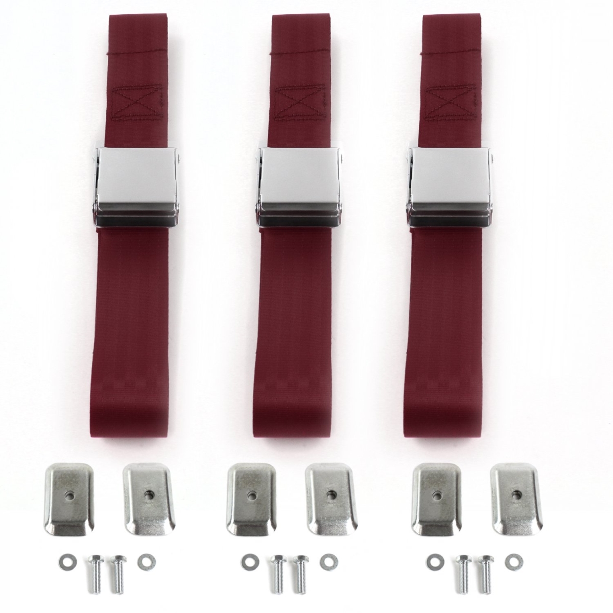 VW Karmann Ghia Airplane 2 Point Burgandy Lap Bench Seat Belt Kit with Bracketry - 3 Belts